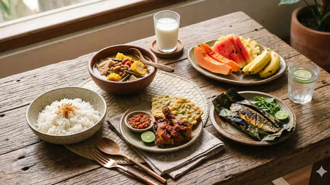 Keluarga menikmati makanan bergizi bersama di meja makan