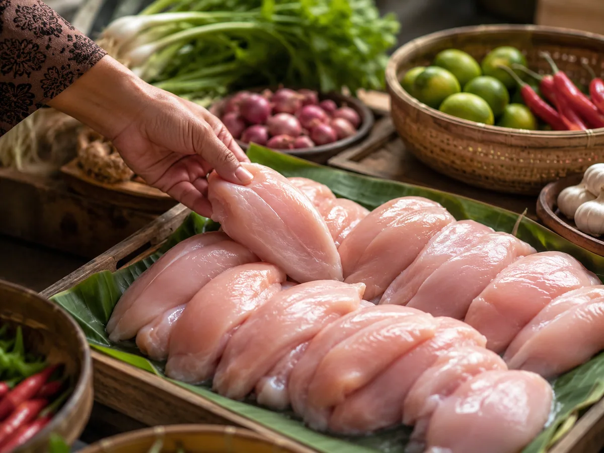 Memilih ayam fillet segar berwarna merah muda cerah di pasar