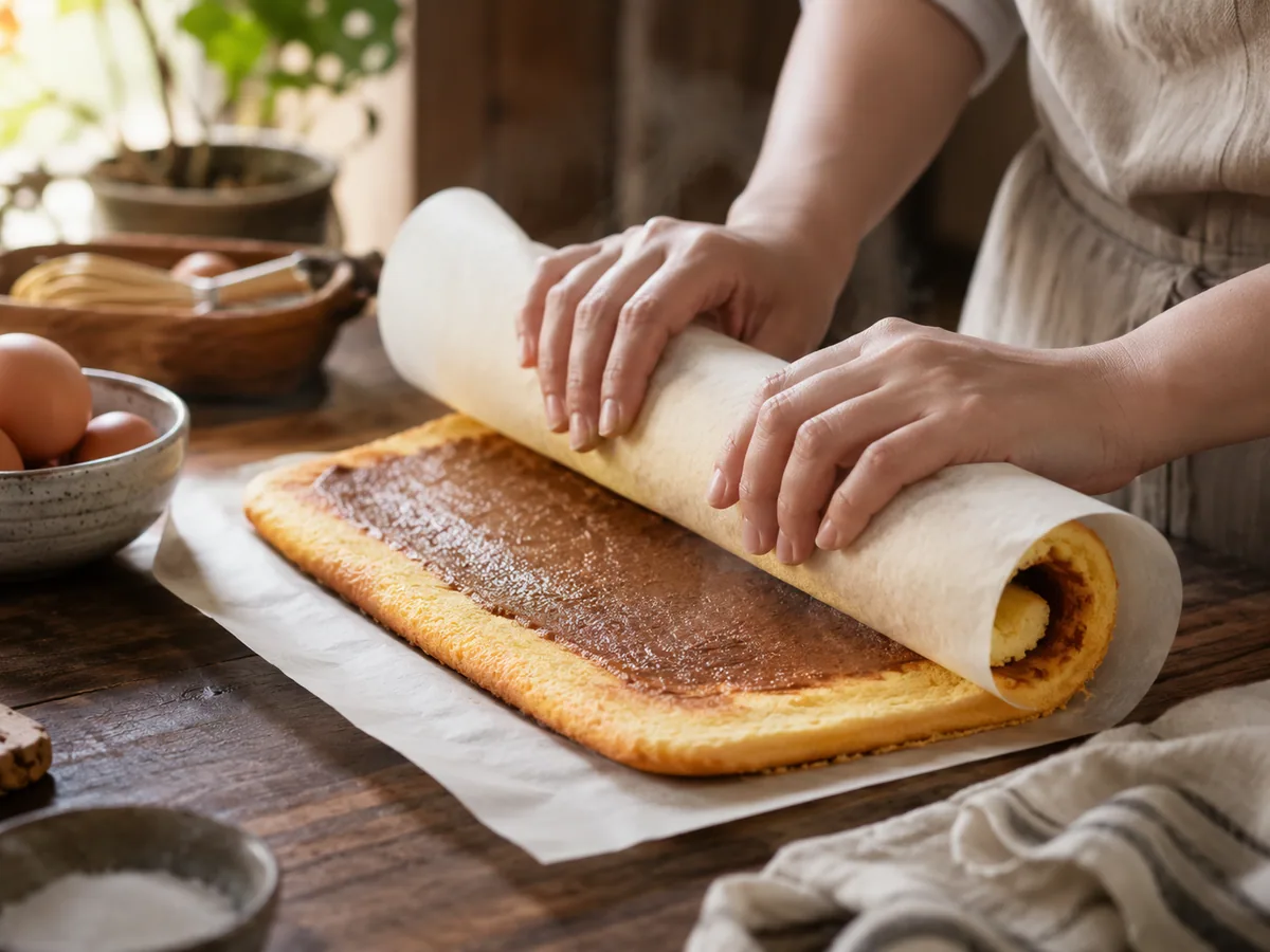 Proses menggulung bolu gulung selagi hangat menggunakan kertas roti