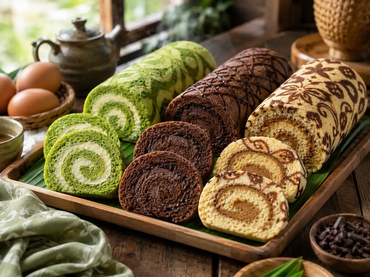 Aneka variasi bolu gulung pandan cokelat dan motif batik tersusun di nampan