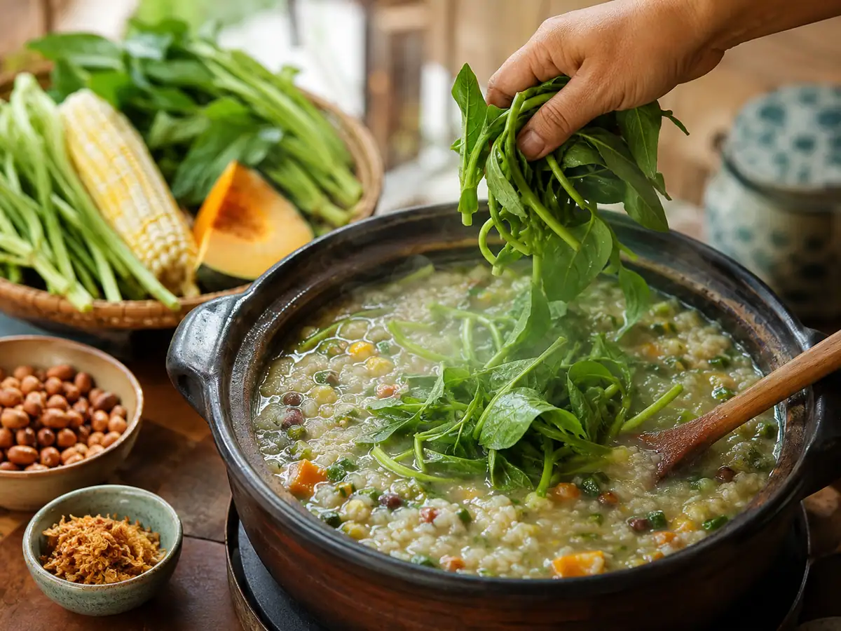 Proses memasukkan sayuran hijau kangkung dan bayam ke dalam bubur Manado yang sudah mengental