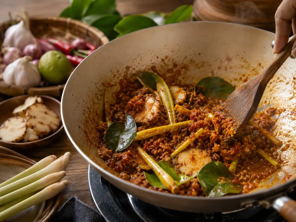 Proses menumis bumbu tomyam dengan serai lengkuas dan daun jeruk hingga harum