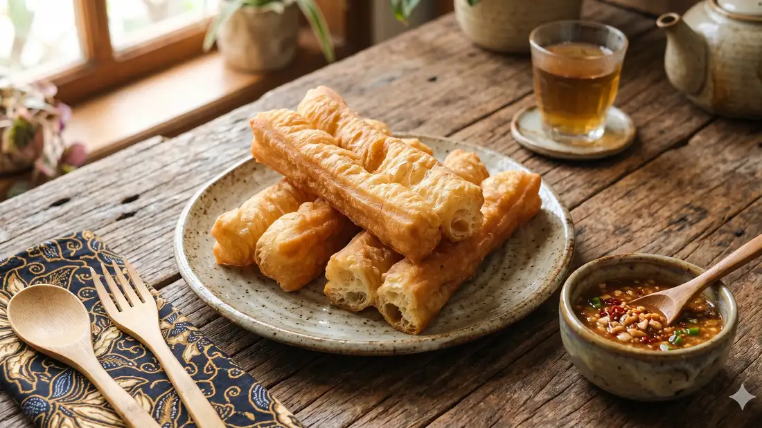 cakwe disajikan dengan bubur ayam