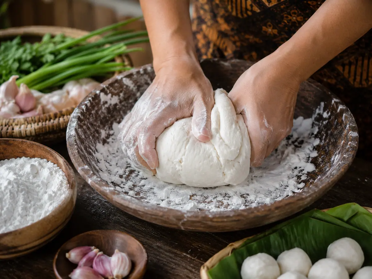 Proses menguleni adonan cireng dari tepung tapioka hingga kalis