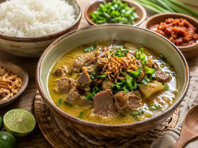 Empal gentong disajikan dengan nasi, kucai, bawang goreng, dan sambal cabai kering