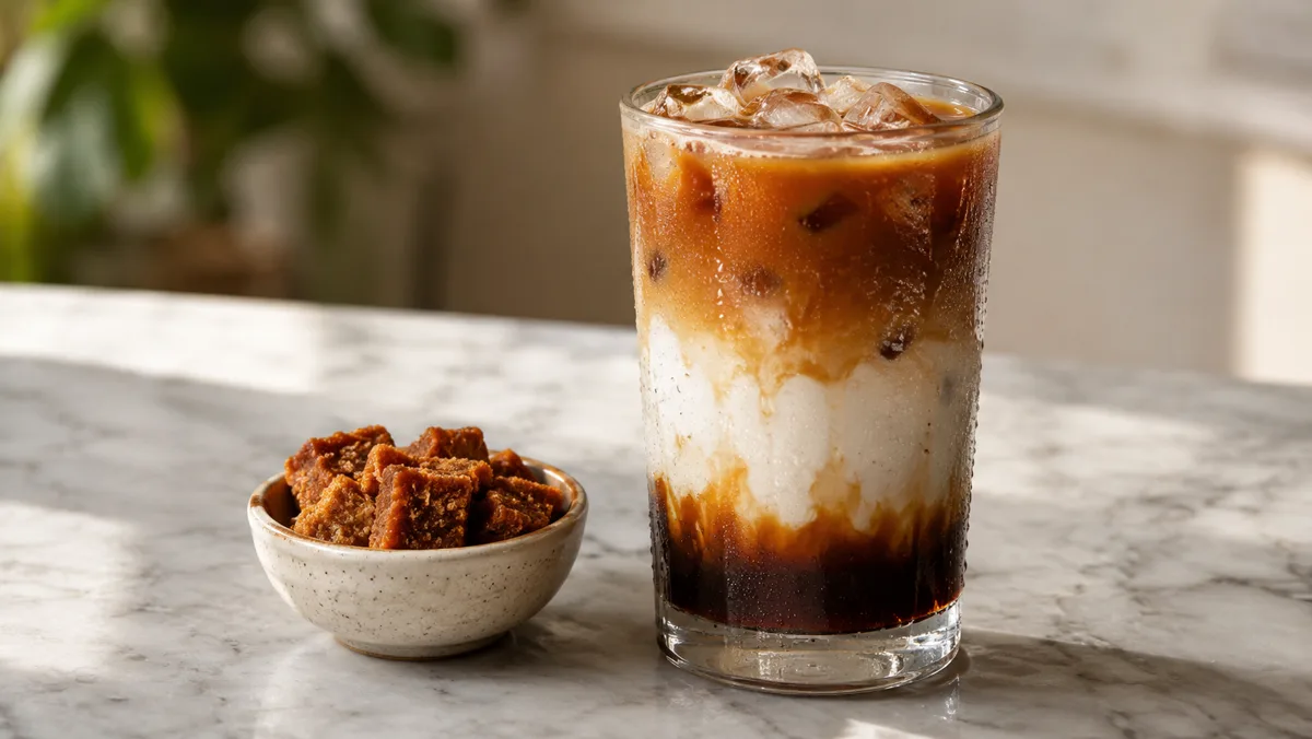 Es kopi susu gula aren dingin dengan layer susu dan kopi