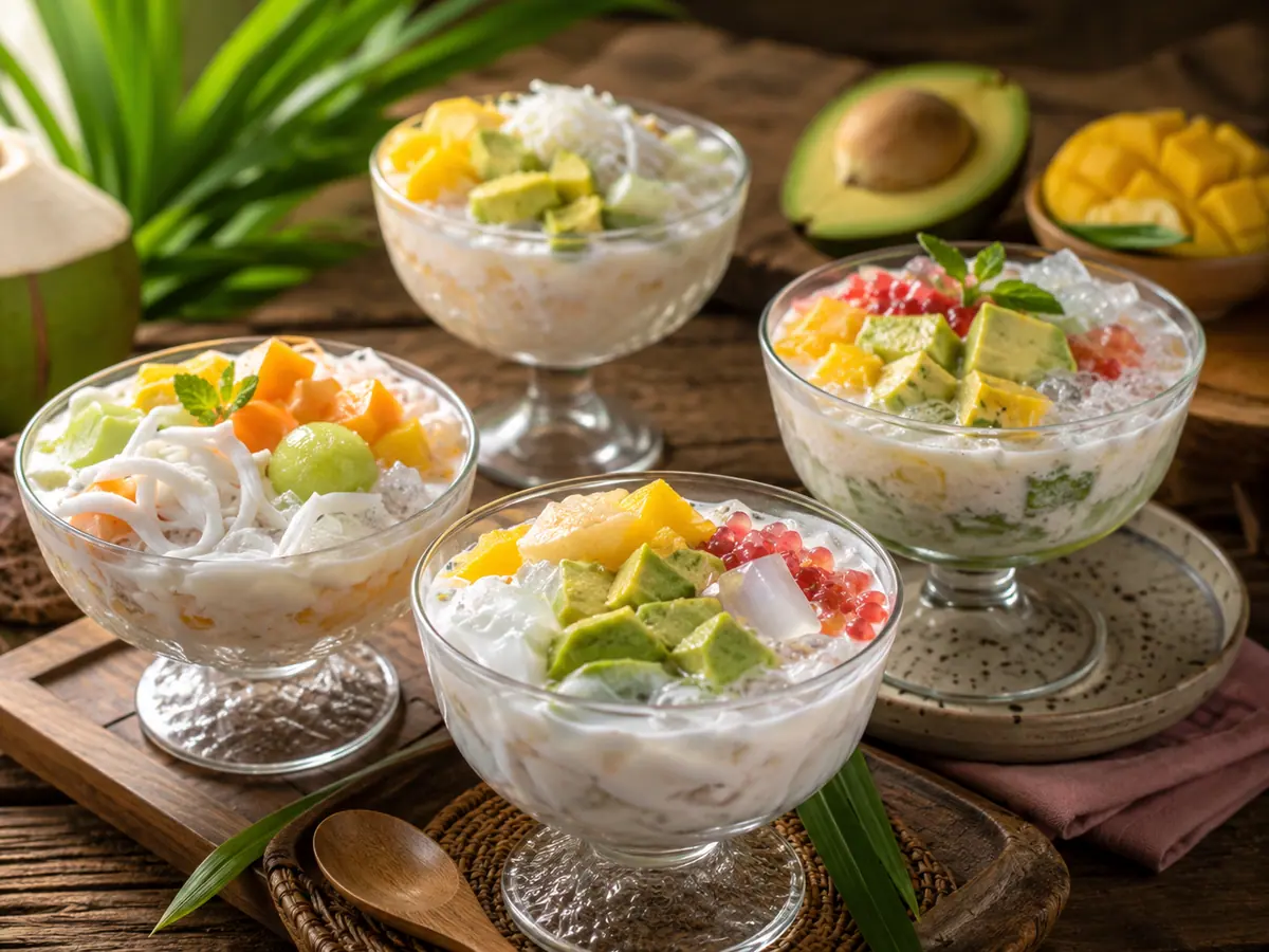 Variasi es teler dengan tambahan nata de coco, sagu mutiara, dan potongan buah lain