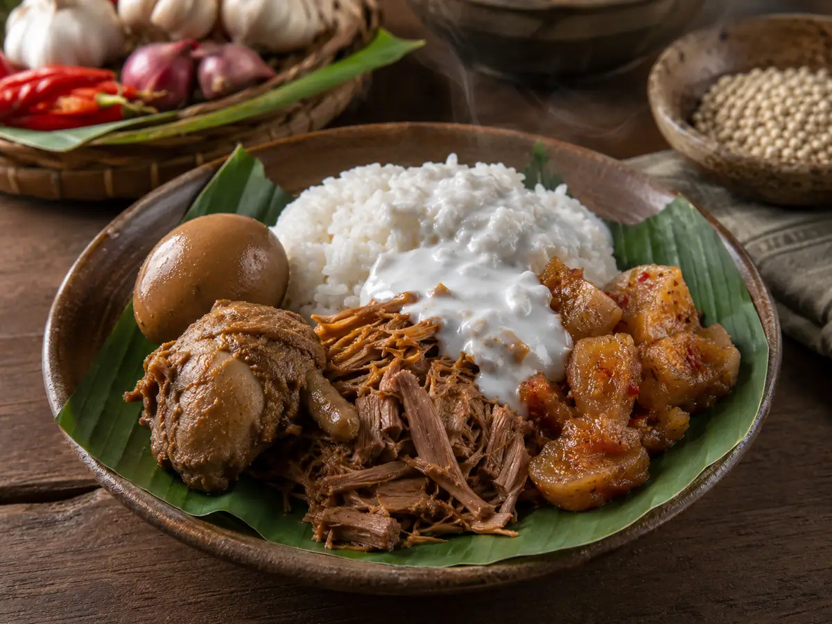 Nasi gudeg lengkap dengan krecek pedas, telur, ayam, dan areh santan kental