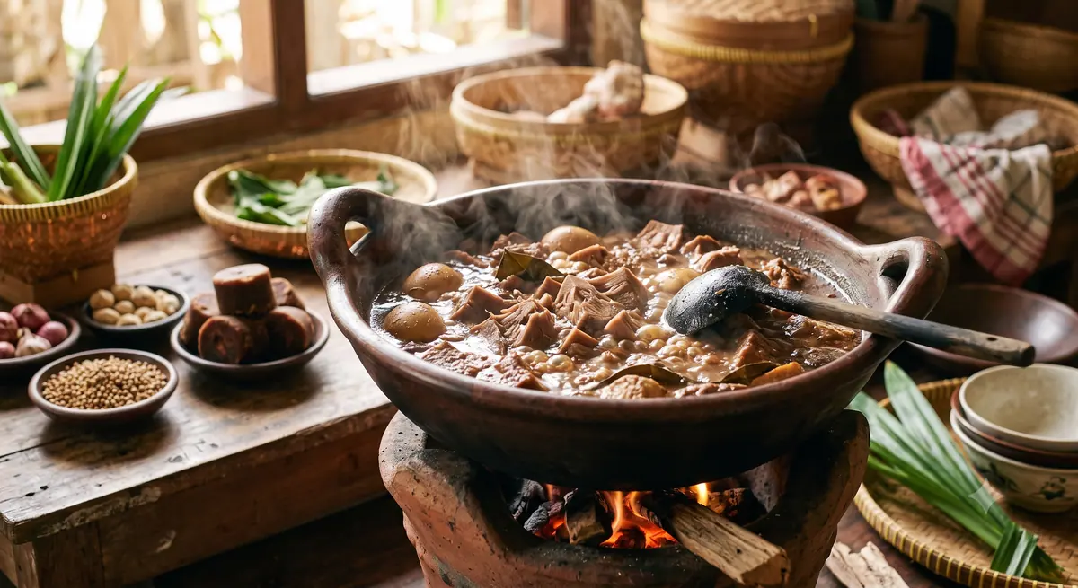 Proses memasak gudeg nangka muda berjam-jam dalam panci besar dengan santan dan gula jawa