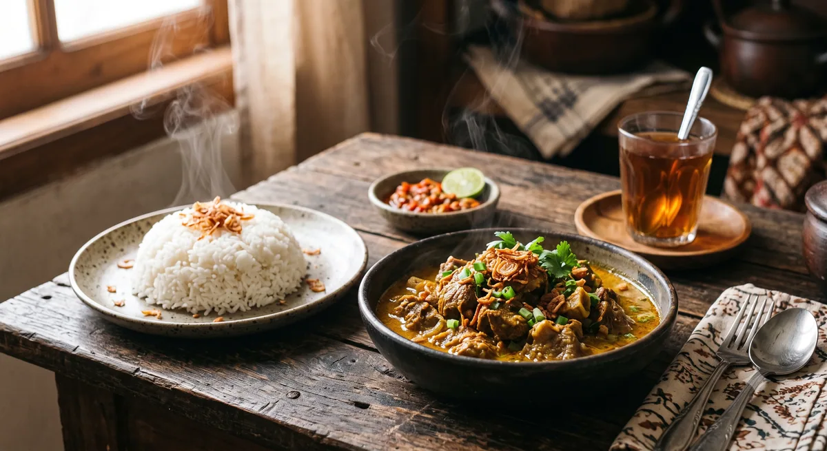 Gulai kambing disajikan dengan nasi putih hangat dan taburan bawang goreng