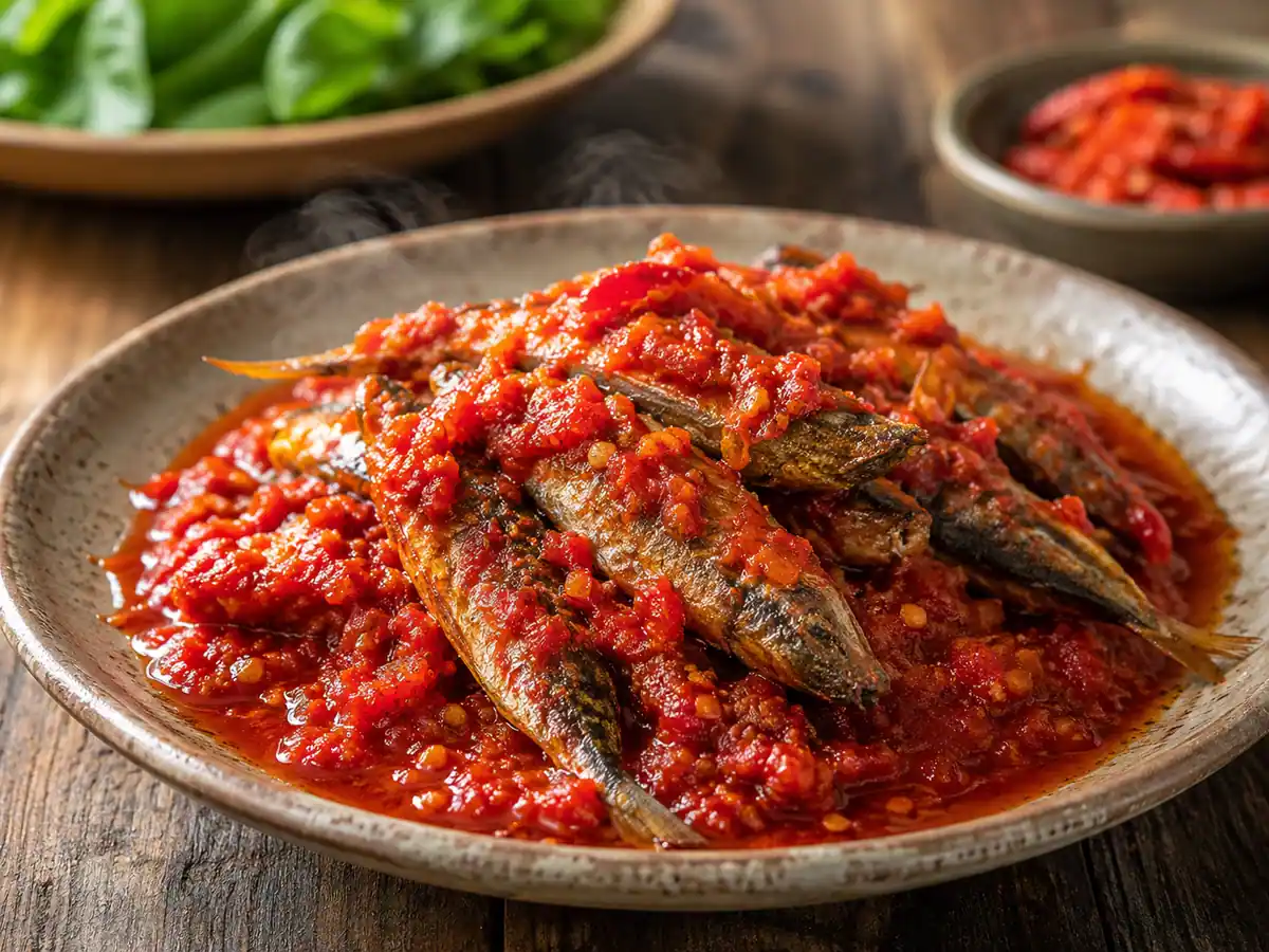 Ikan cue balado dengan sambal merah pedas di atas piring saji