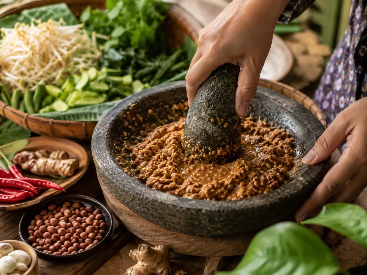 Proses mengulek bumbu kacang berkencur untuk karedok di cobek batu