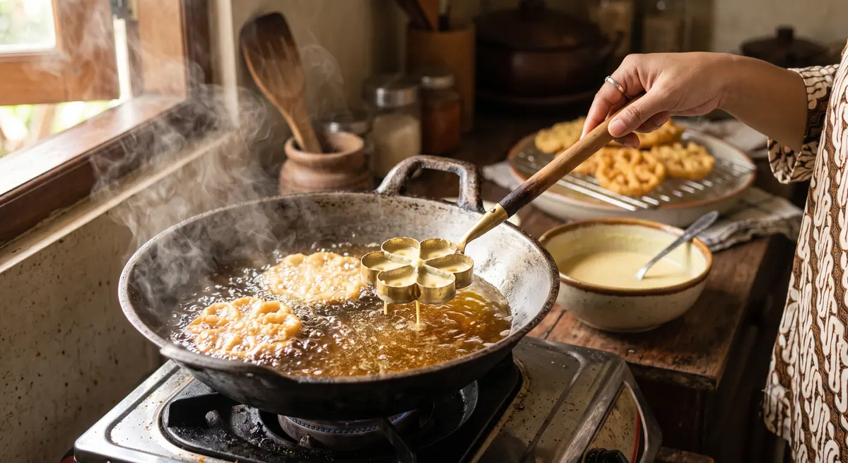 Proses menggoreng kembang goyang dengan cetakan besi di minyak panas