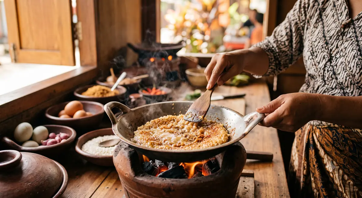 Proses memasak kerak telor dengan ketan dan telur di wajan kecil di atas tungku