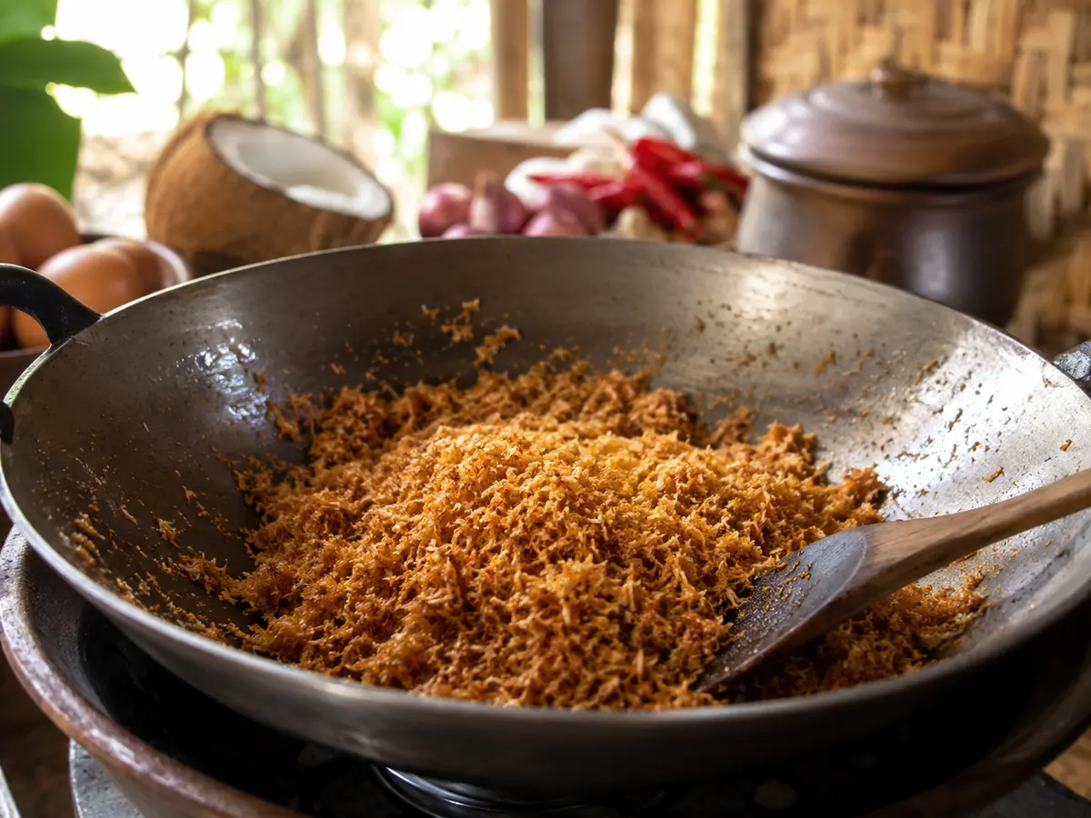 Serundeng kelapa cokelat keemasan disangrai di wajan untuk taburan kerak telor