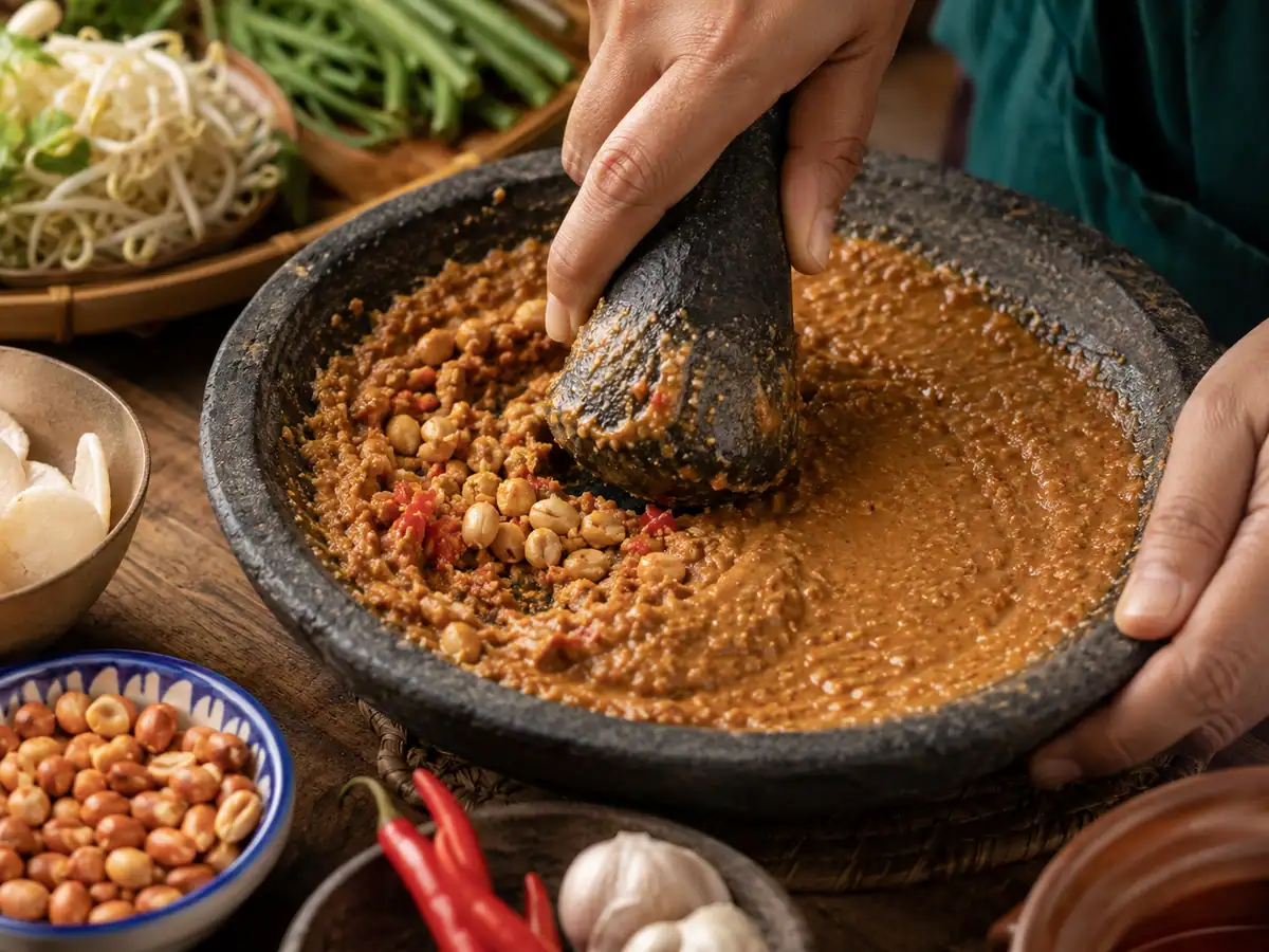 Mengulek bumbu kacang ketoprak dengan kacang tanah, bawang putih, dan cabai di cobek