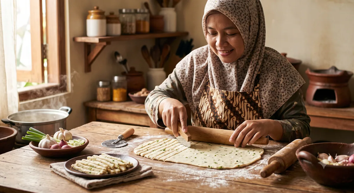 Proses menggiling tipis dan memotong adonan kue bawang menjadi stik