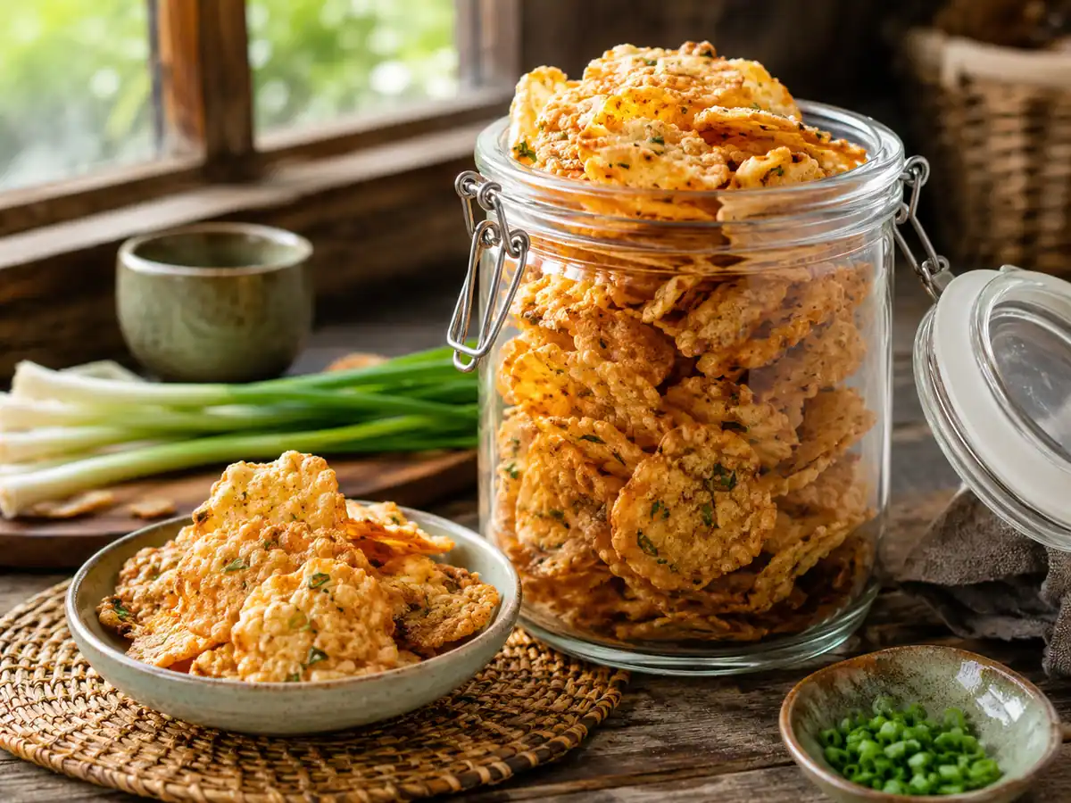Kue bawang disimpan dalam toples kedap udara untuk menjaga kerenyahan