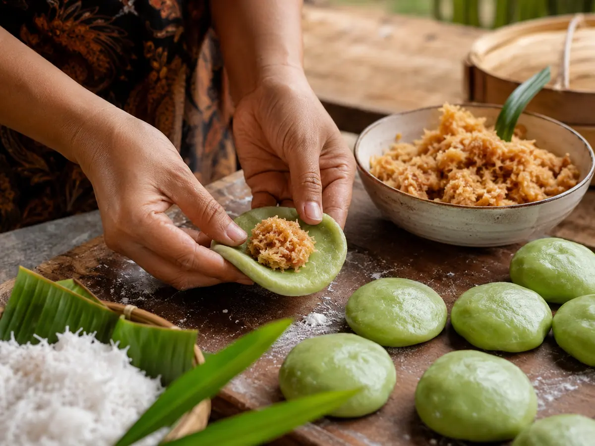 Proses memipihkan adonan ketan dan memasukkan isi unti kelapa kue bugis