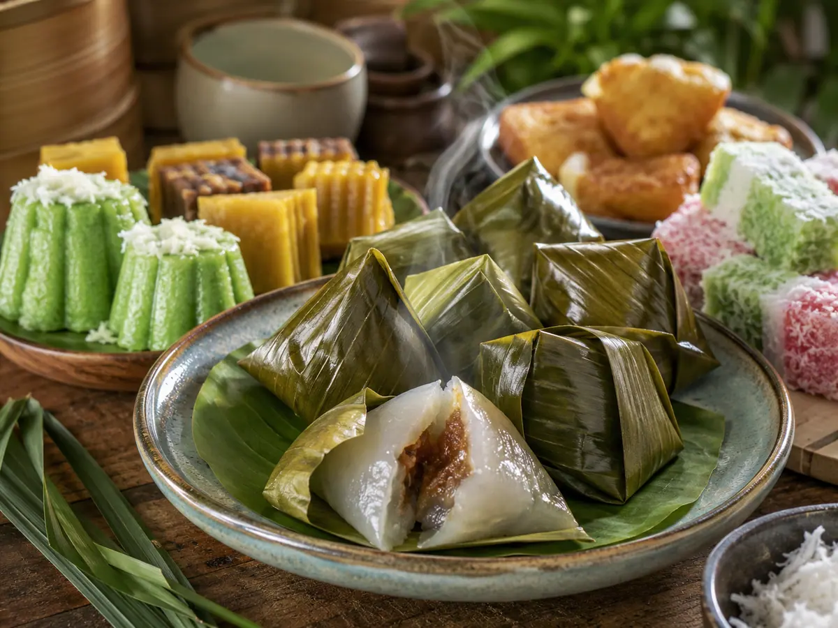 Kue bugis disajikan di piring sebagai jajan pasar bersama kue tradisional lain