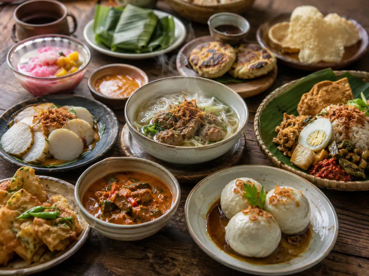 Aneka makanan khas Bandung seperti batagor siomay dan surabi tersaji di meja