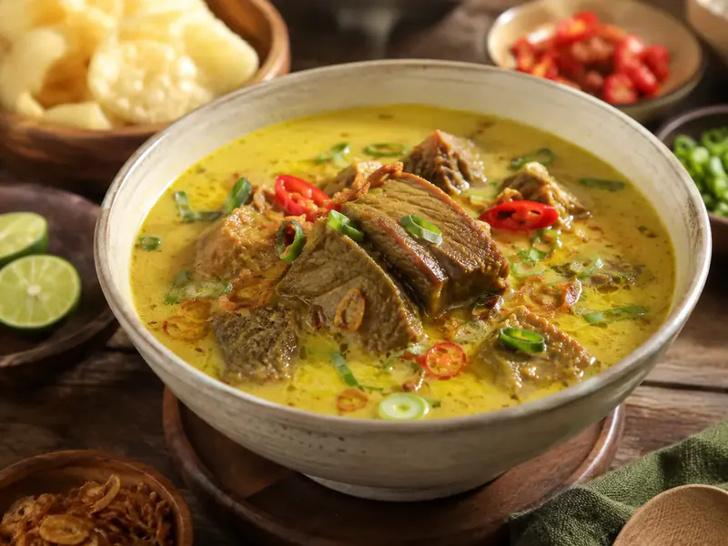 Sajian empal gentong Cirebon dengan kuah kuning, potongan daging sapi, dan pelengkap segar