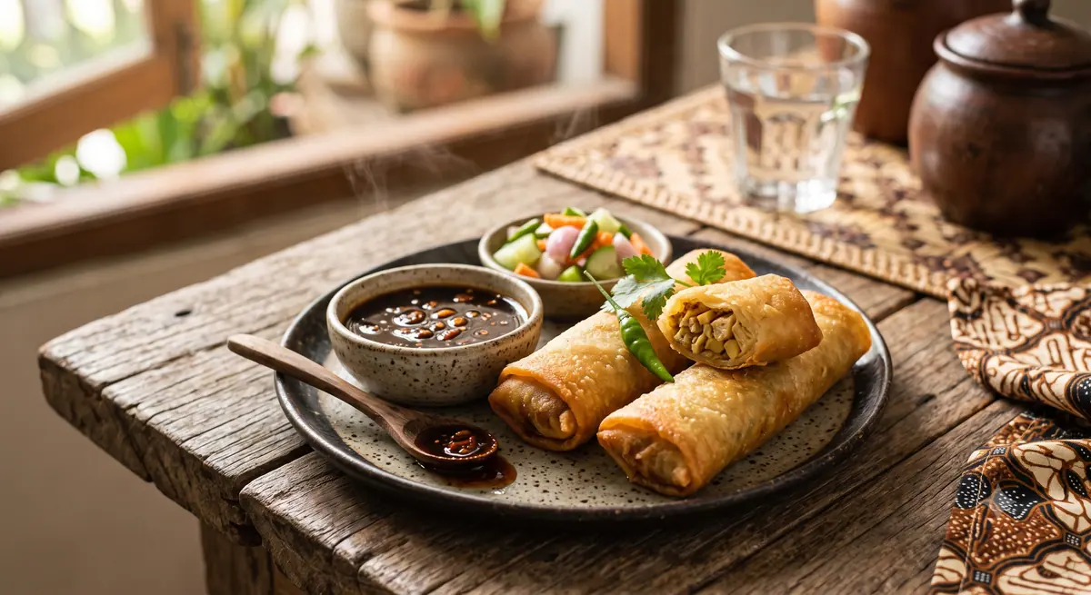 Lumpia Semarang goreng renyah disajikan dengan saus dan acar