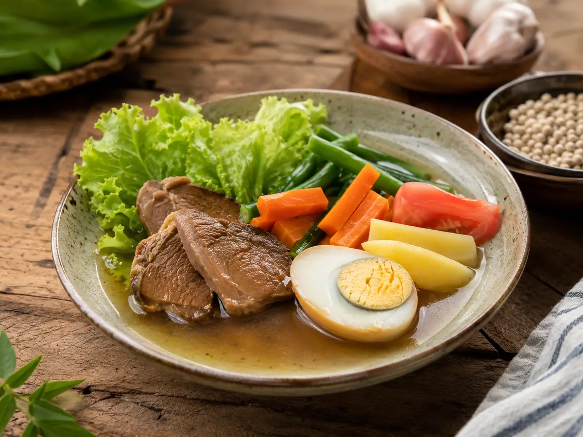 Sepiring selat Solo dengan daging telur dan sayuran berkuah encer
