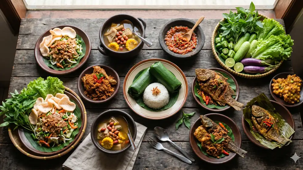 Nasi timbel khas Sunda dengan lauk pauk lengkap dan lalapan segar