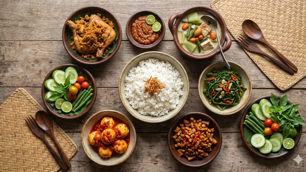masakan rumahan Indonesia lengkap dengan nasi dan lauk pauk
