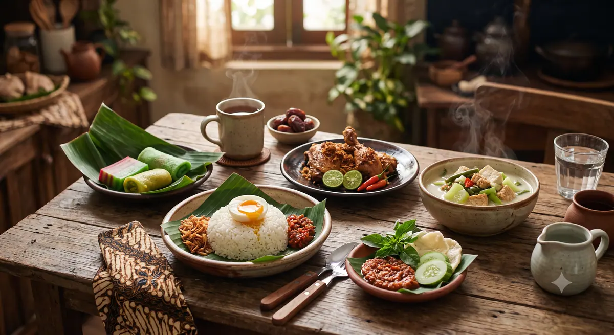 Piring menu sahur seimbang dengan karbohidrat, protein, sayur, dan buah