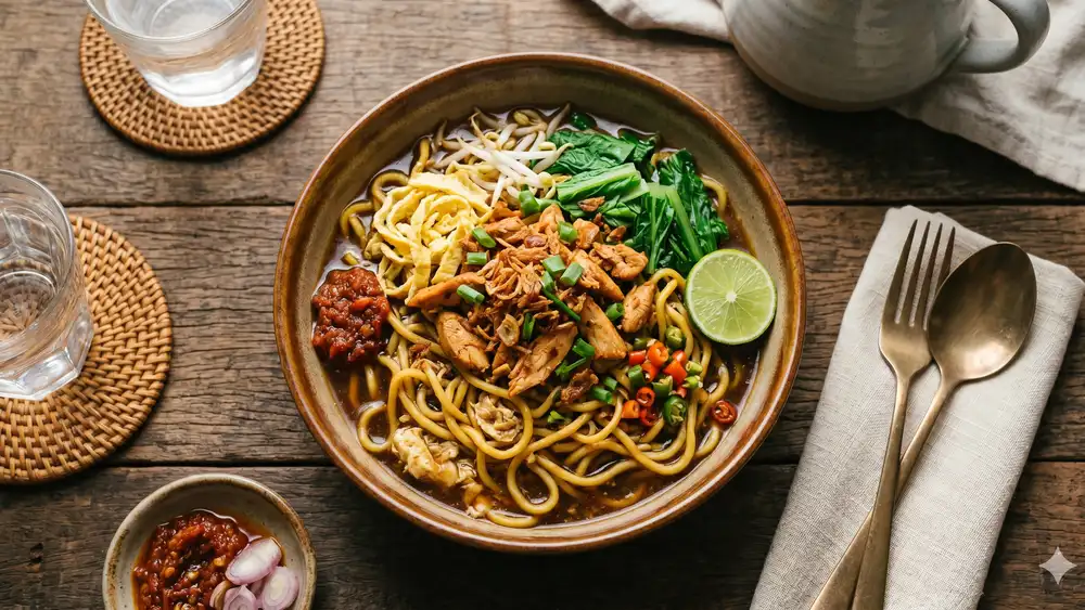 Mie nyemek dengan topping telur dan sayuran
