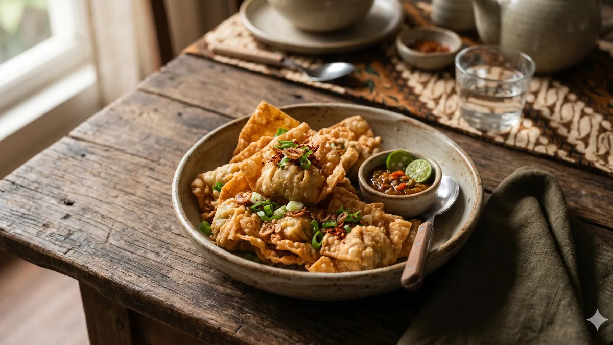 pangsit yang sedang dilipat dan disiapkan untuk dimasak