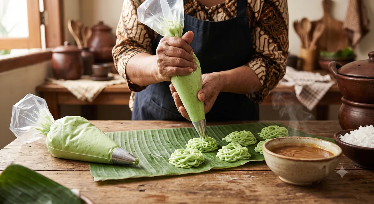 Proses mencetak adonan putu mayang dengan plastik segitiga di atas daun pisang