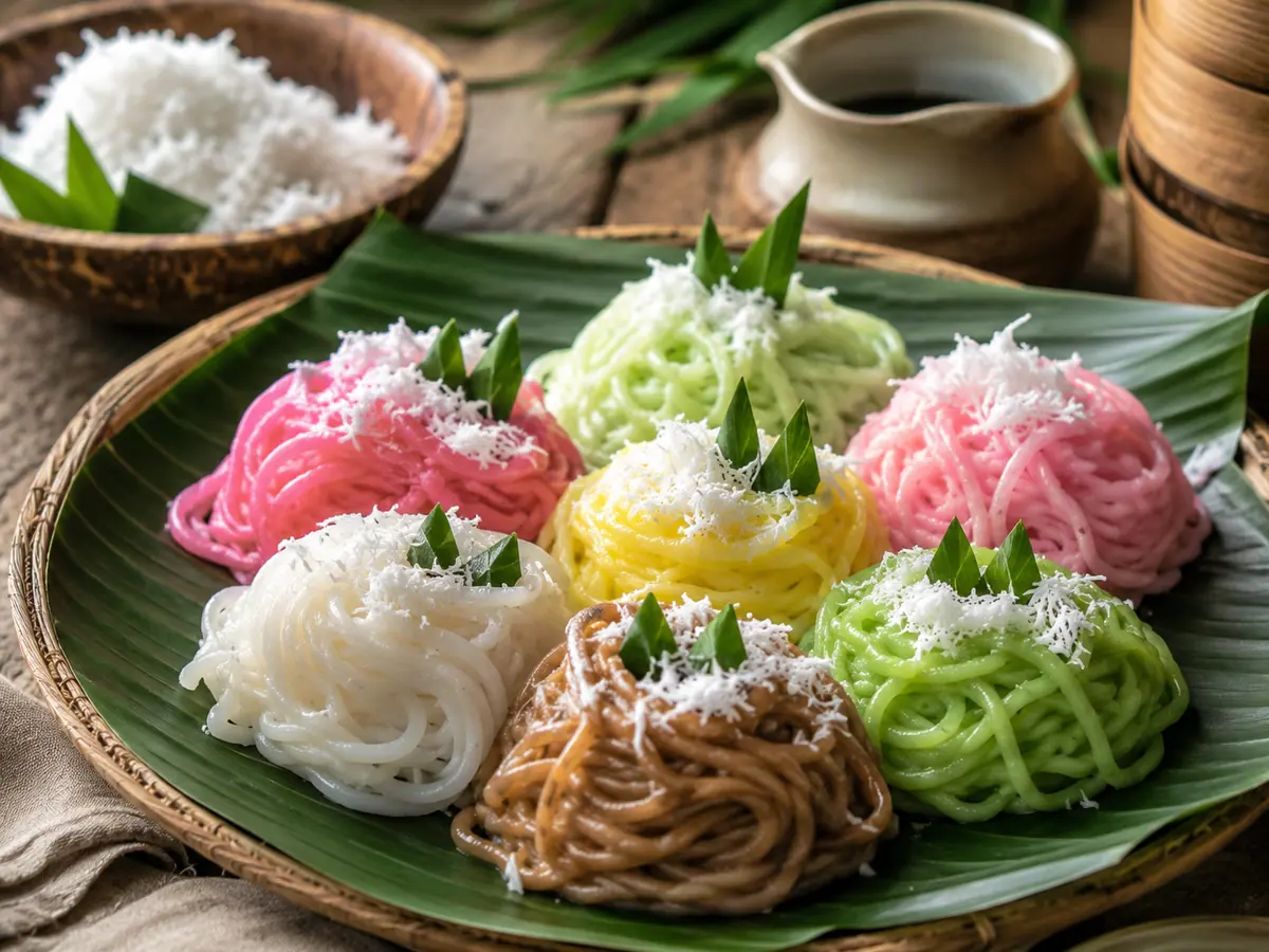 Variasi putu mayang berbagai warna disusun di atas piring daun pisang