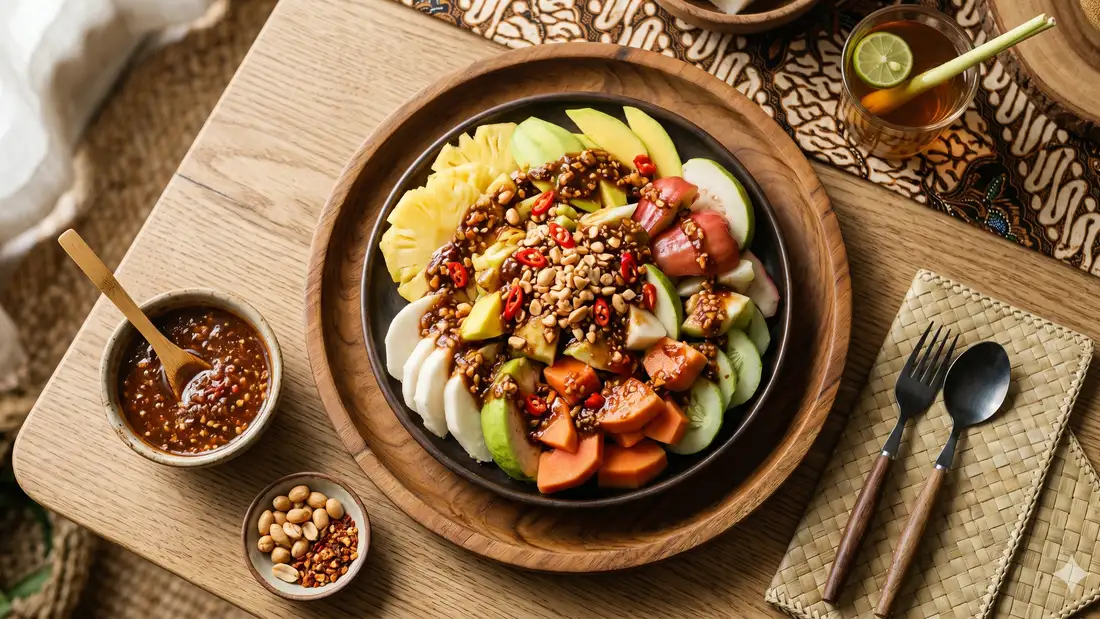 rujak buah segar dengan berbagai jenis buah-buahan
