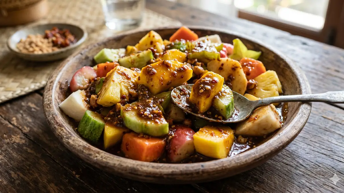 proses pembuatan rujak buah dengan bumbu kacang