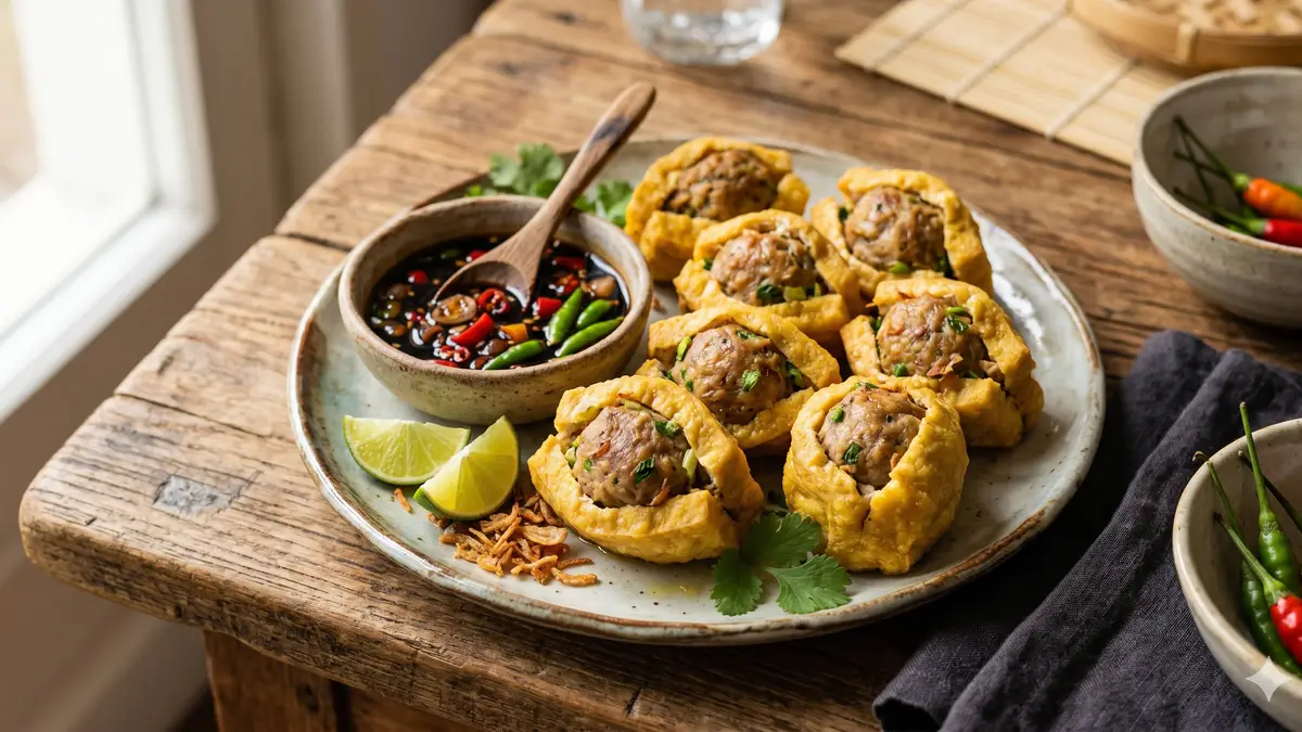 Tahu bakso dengan berbagai saus cocolan