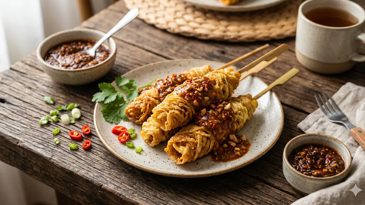 berbagai jajanan telur gulung dengan variasi saus