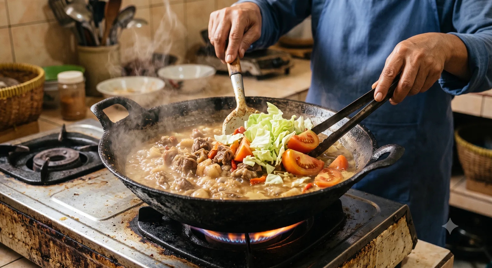 Proses memasak tongseng kambing menumis bumbu dan menambahkan kol di akhir