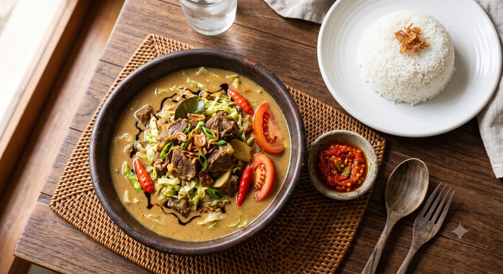 Tongseng kambing disajikan hangat dengan nasi putih dan acar di mangkuk