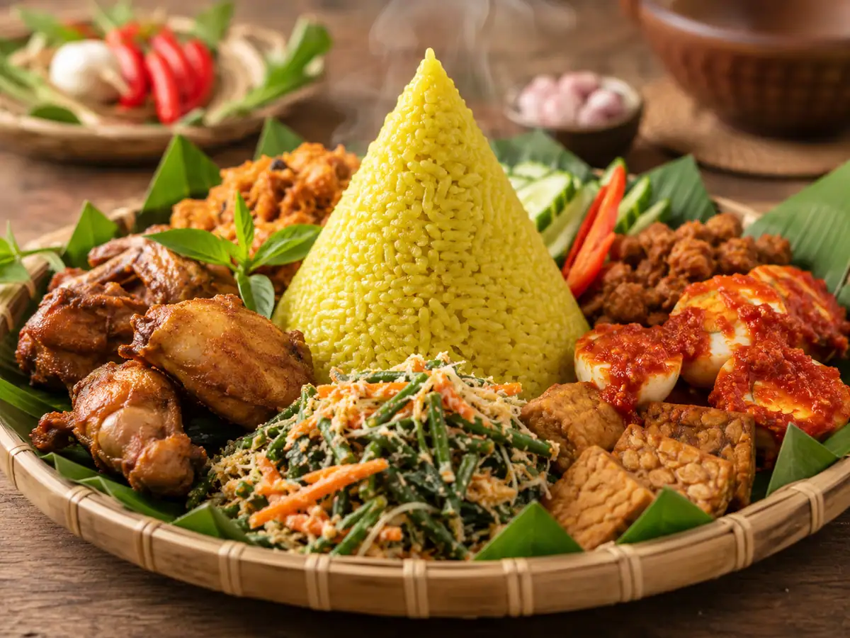 Urap sayur disajikan sebagai pelengkap nasi tumpeng dengan lauk pendamping