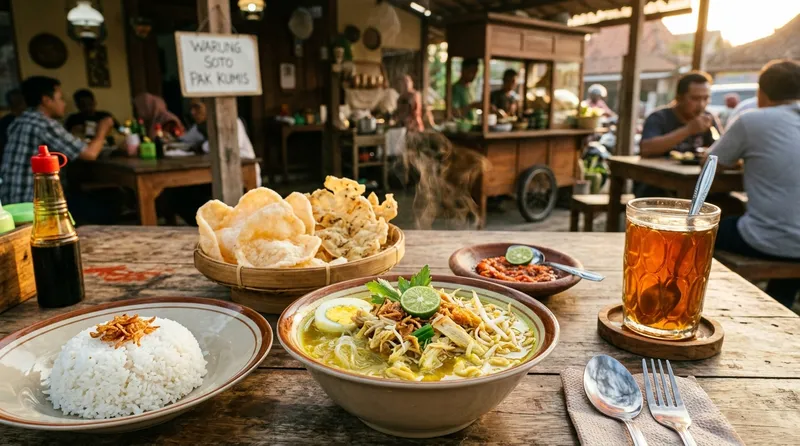 Warung makan tradisional Indonesia yang ramai pengunjung dengan berbagai menu tersaji