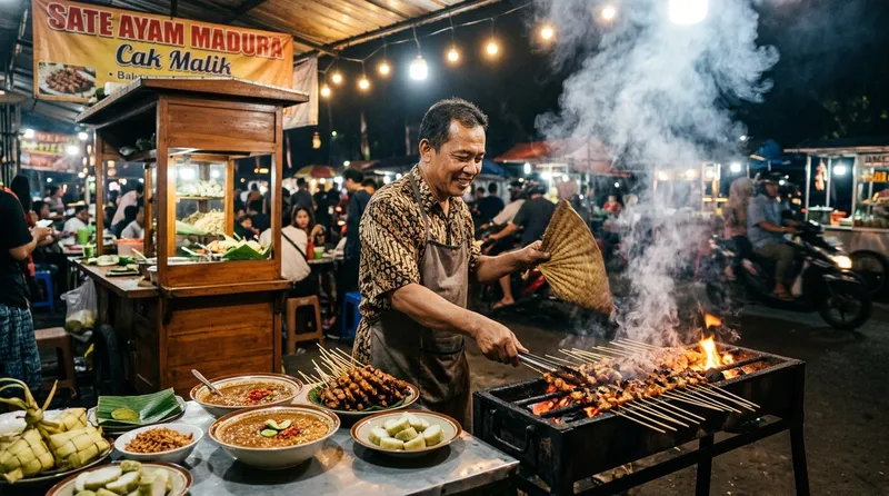 Suasana tempat makan kaki lima di malam hari dengan penjual sate yang ramai pengunjung