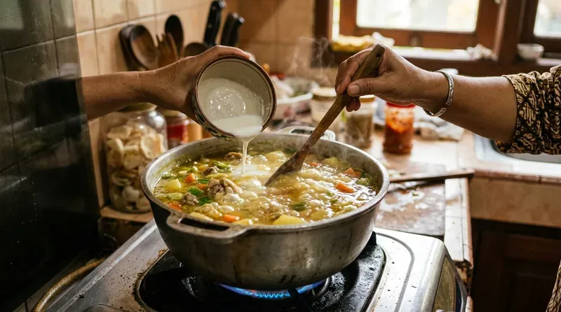 Larutan tepung maizena dituangkan ke sup ayam panas