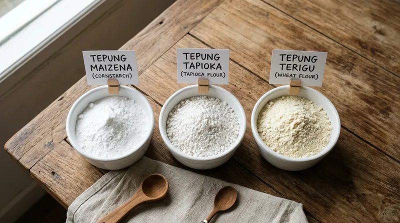 Perbandingan tepung maizena, tapioka, dan terigu dalam mangkuk