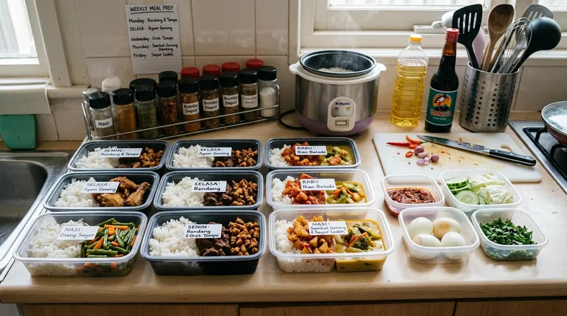 Persiapan bahan masakan sehari-hari yang tertata rapi untuk memasak seminggu penuh