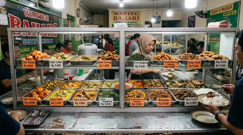Display makanan di warteg dengan berbagai pilihan lauk pauk rumahan yang murah meriah